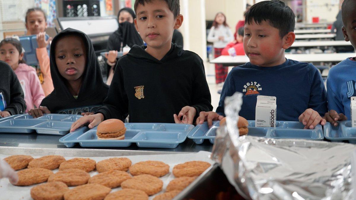 three boys in lunch line to get chicken patties